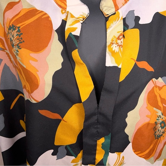 XL Colorful Floral Short Sleeve Blouse Black Orange Cuffed Sleeve Lightweight - Picture 4 of 13
